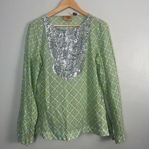Tory Burch Women's Printed Bateau(Round) Neckline Blouse Size 12 sequin